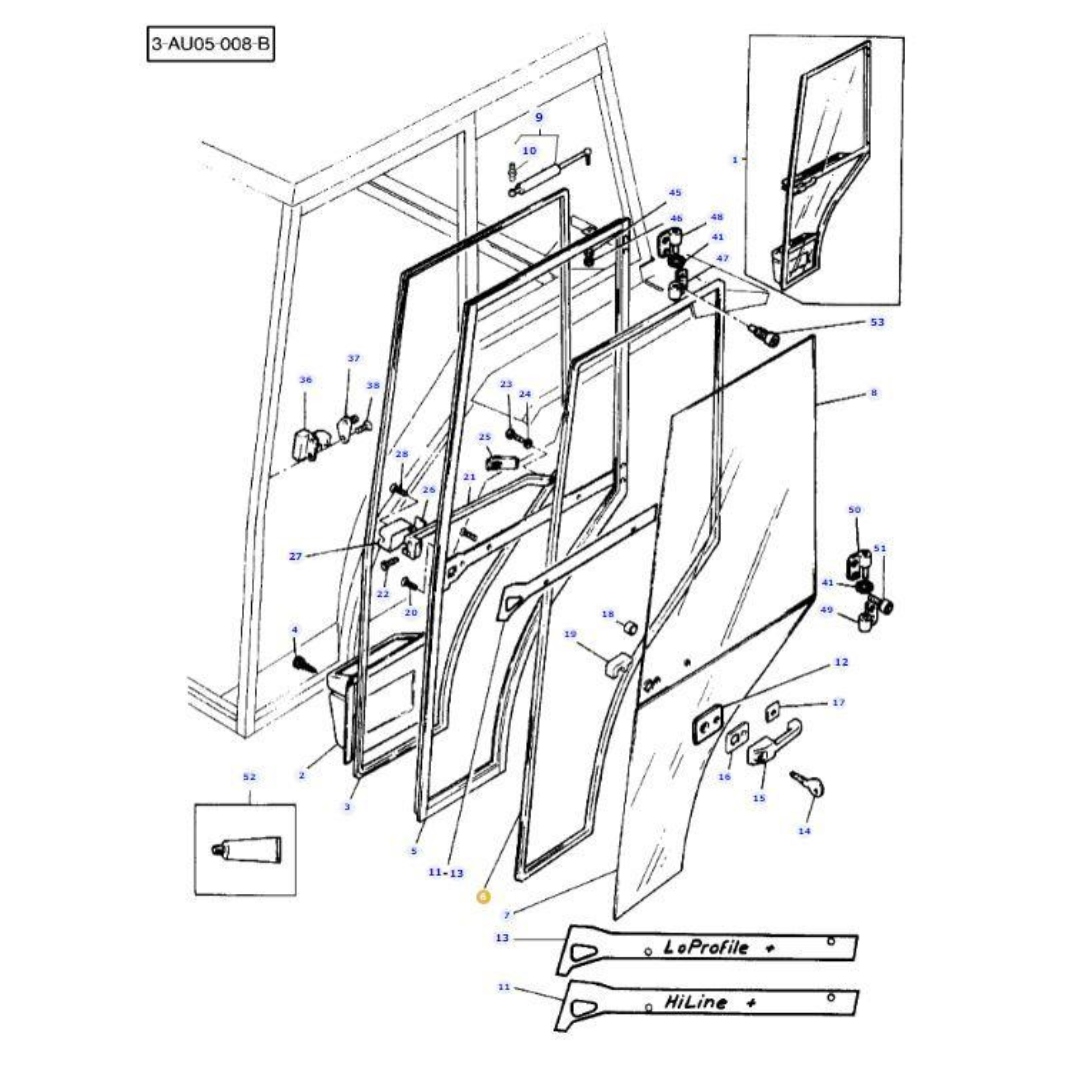 Door Glass Seal Left Hand 300 Series Style Rubber, Massey Ferguson Tractors, Ned Murphy Tractors Ltd.